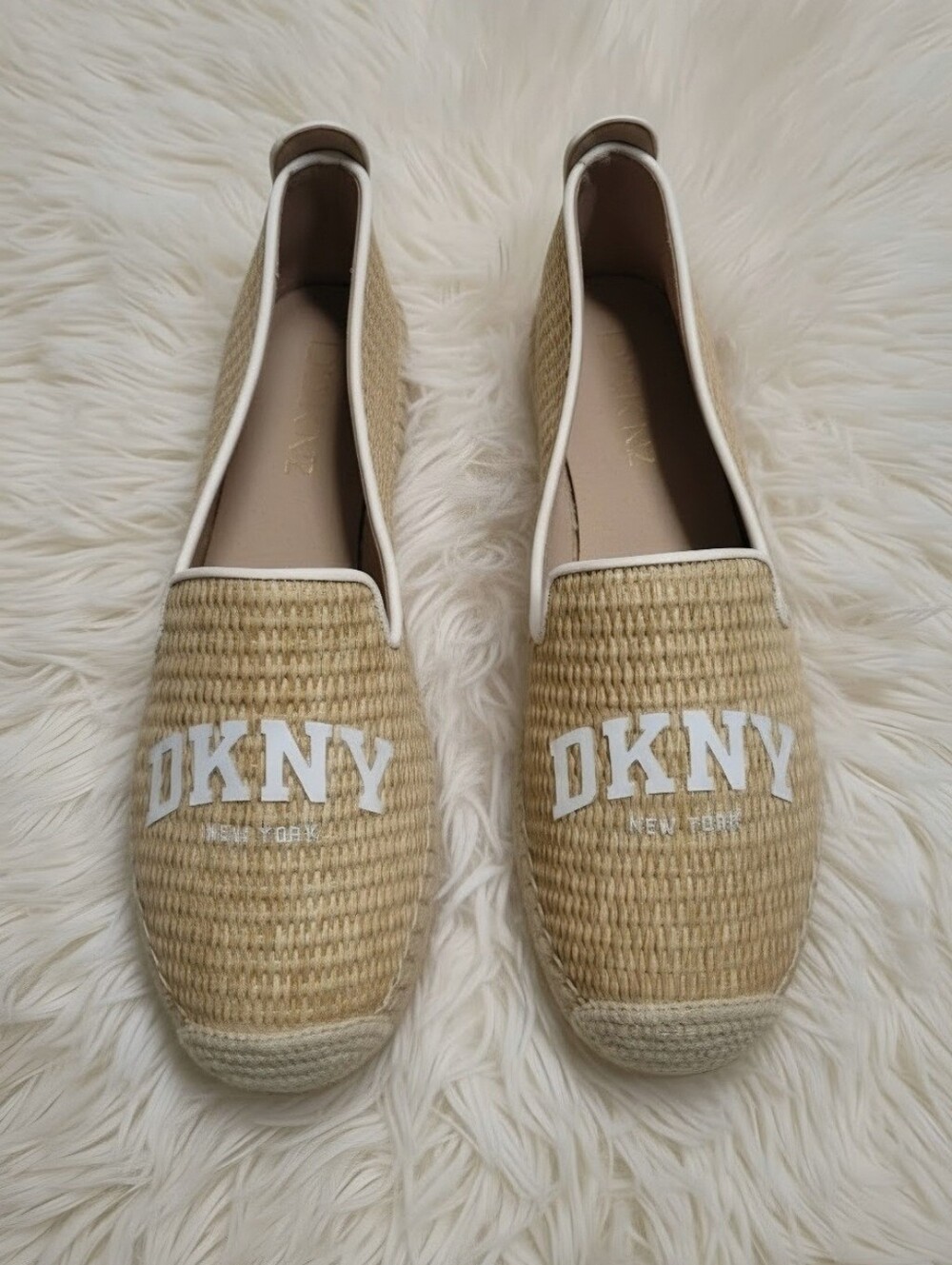 DKNY Tan Woven Espadrille Slip-Ons with White Logo